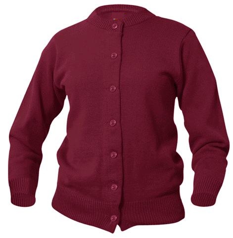 Girls Crewneck Cardigan Sweater - Burgundy