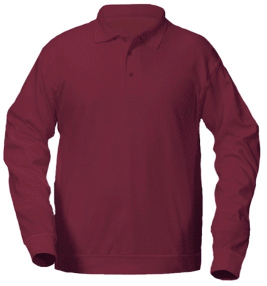 Unisex Interlock Knit Polo Shirt with Banded Bottom - Long Sleeve - Burgundy