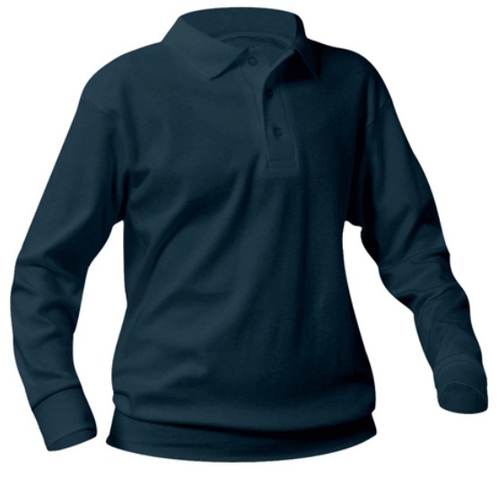 Unisex Interlock Knit Polo Shirt with Banded Bottom - Long Sleeve - Navy Blue